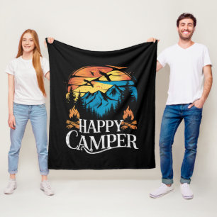 Happy Camper Retro Vintage Matching Camping Crew Fleece Blanket