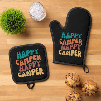 Happy Camper Retro Wavy Text Black background Oven Mitt & Pot Holder Set