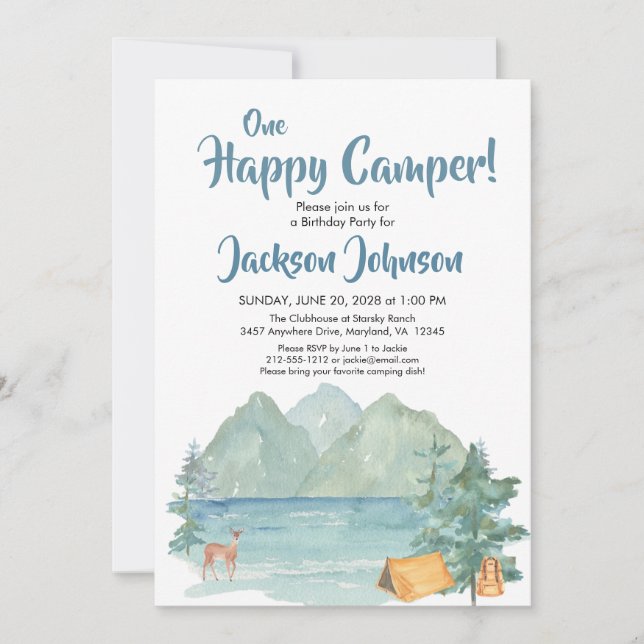 Happy Camper Rustic Mountains Watercolor Birthday Invitation (Front)