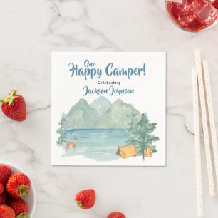 Happy Camper Rustic Mountains Watercolor Birthday Napkins
