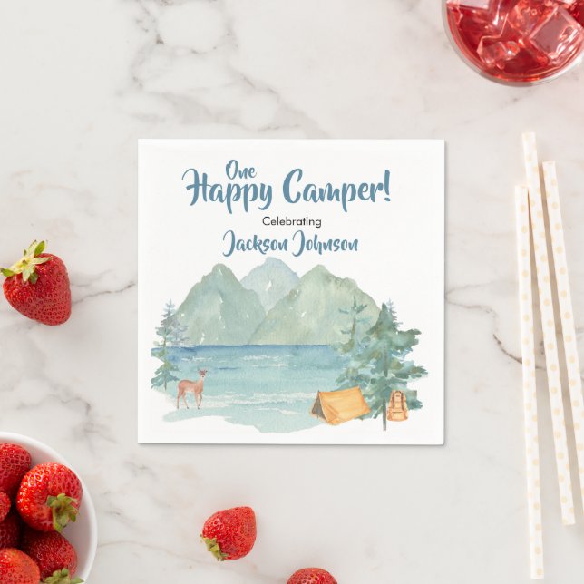 Happy Camper Rustic Mountains Watercolor Birthday Napkins (Insitu)