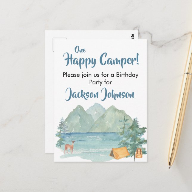 Happy Camper Rustic Mountains Watercolor Birthday  Postcard (Front/Back In Situ)