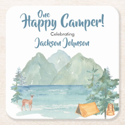 Happy Camper Rustic Mountains Watercolor Birthday  Square Paper Coaster