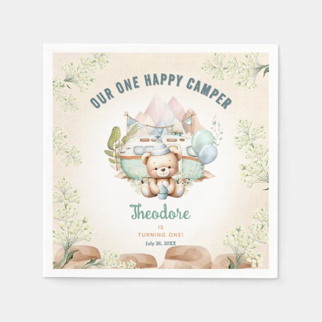 Happy Camper Summer 1st Birthday Boy Paper Napkins (Front)