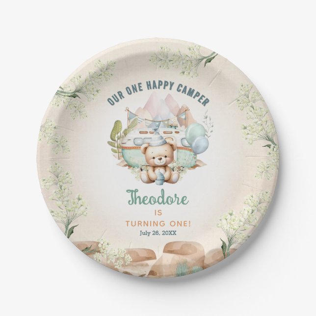 Happy Camper Summer 1st Birthday Boy Paper Plates (Front)
