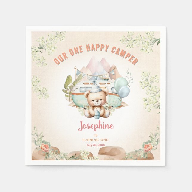 Happy Camper Summer 1st Birthday Girl Paper Napkins (Front)