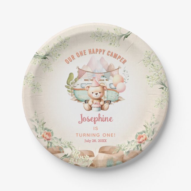 Happy Camper Summer 1st Birthday Girl Paper Plates (Front)