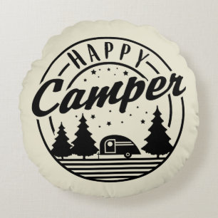Happy Camper T Shirt Trees Stars and Camp Trailer Round Pillow