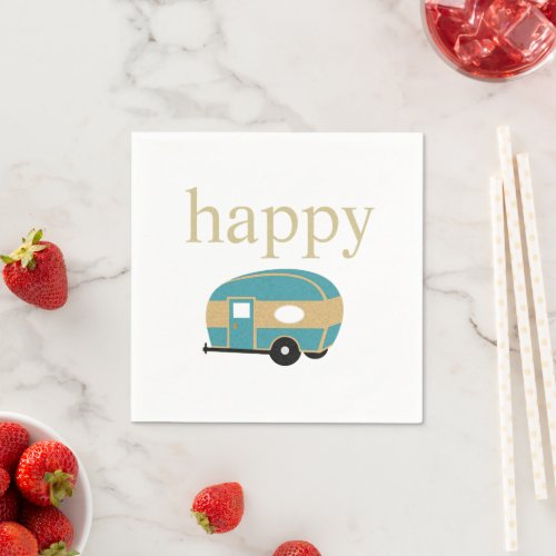 Happy Camper Teal Gold Teardrop Camping Trailer Paper Napkins