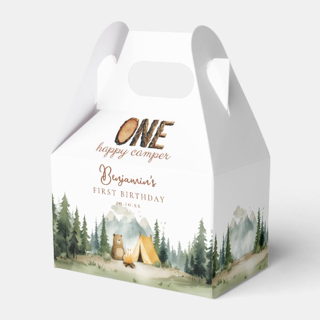 Happy Camper Teddy Bear 1st Birthday Favor Boxes (Front Side)