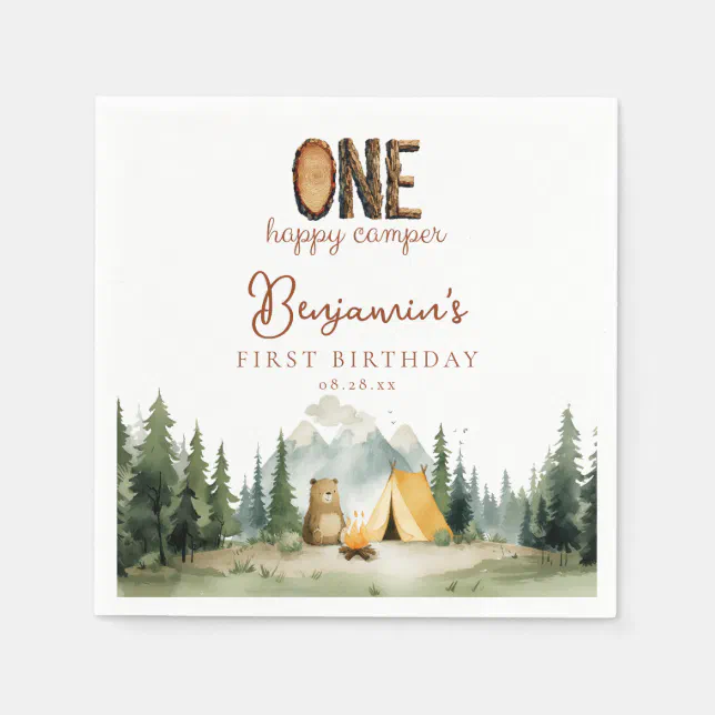 Happy Camper Teddy Bear 1st Birthday Napkins | Zazzle
