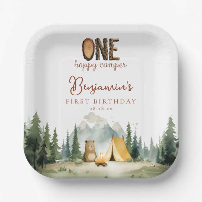 Happy Camper Teddy Bear 1st Birthday Paper Plates (Front)
