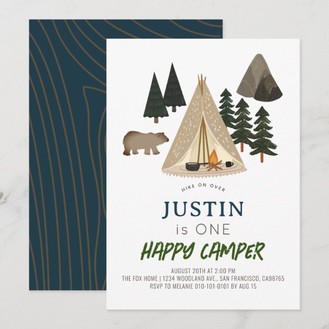 Happy Camper Tent Bear Boy 1st Birthday Invitation (Front/Back)