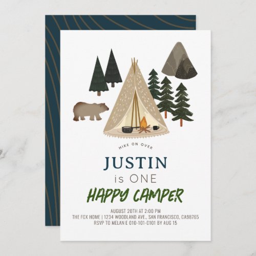 Happy Camper Tent Bear Boy 1st Birthday Invitation