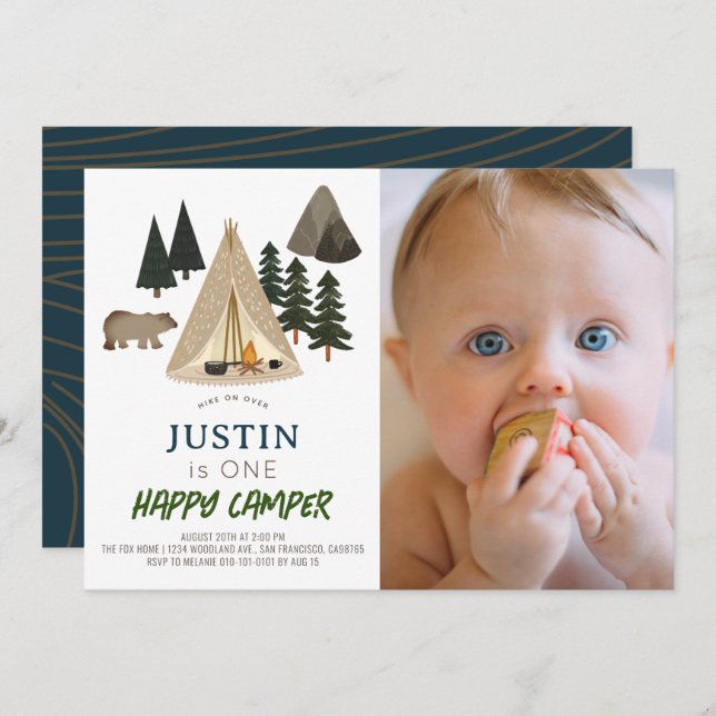 Happy Camper Tent Bear Boy 1st Birthday Photo Invitation (Front/Back)