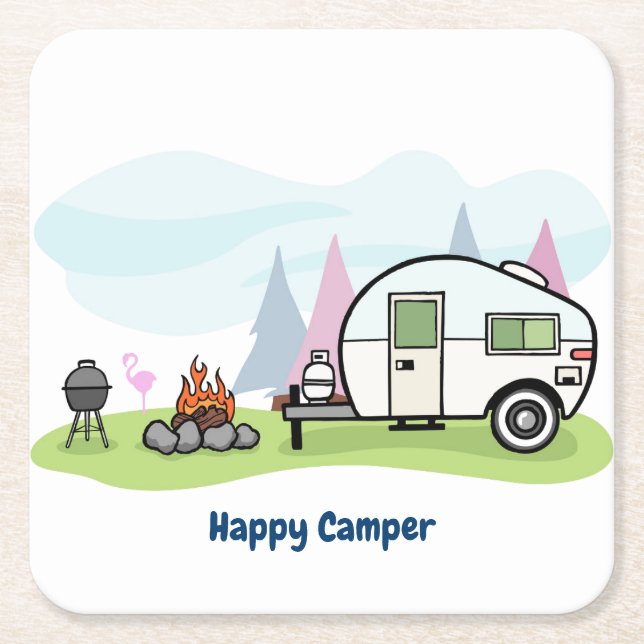 Happy Camper Trailer Square Paper Coaster (Front)