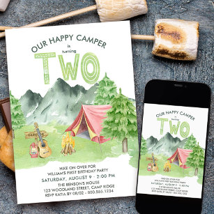 Happy Camper Watercolor Boys 2nd Birthday Invitation