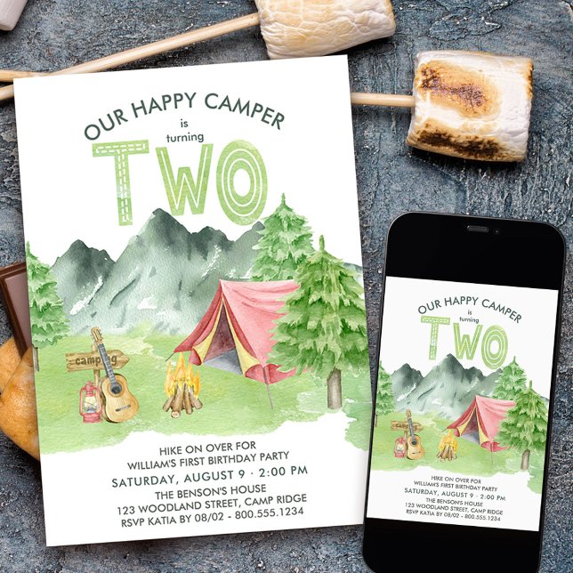 Happy Camper Watercolor Boys 2nd Birthday Invitation (Camping themed 2nd birthday invitation for your happy camper)