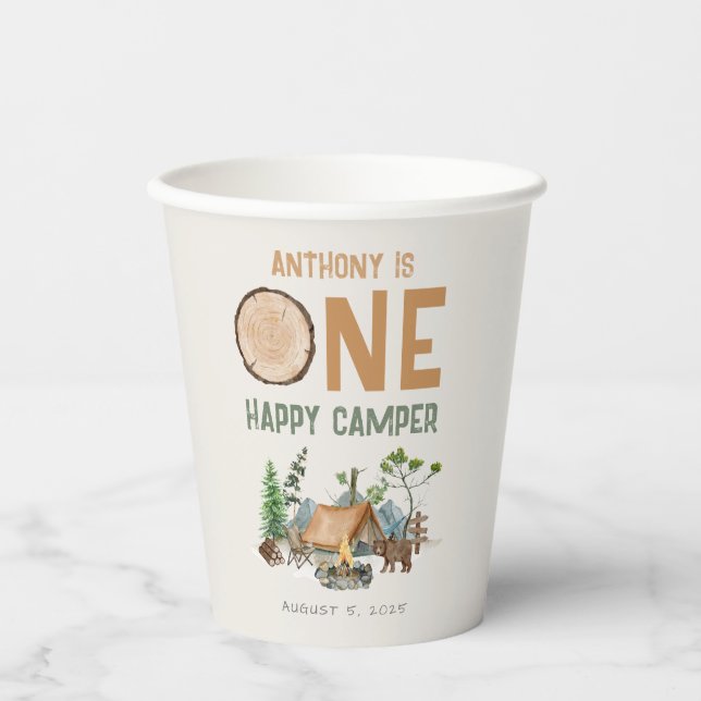 Happy Camper Watercolor Woodland 1st Birthday Paper Cups (Front)