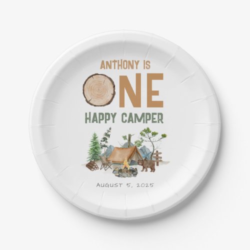 Happy Camper Watercolor Woodland 1st Birthday Paper Plates