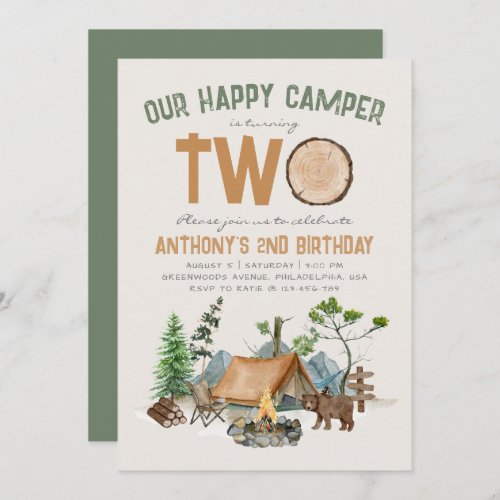 Happy Camper Watercolor Woodland 2nd Birthday Invitation