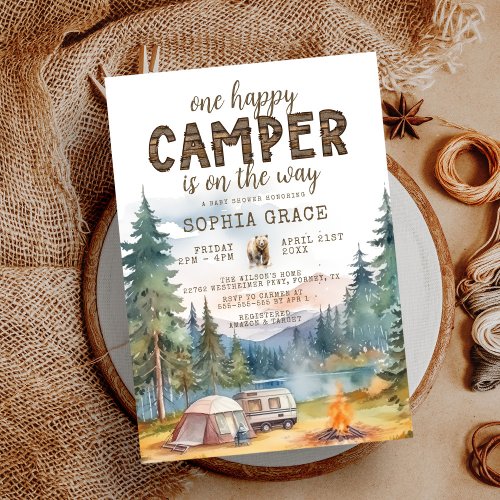 Happy Camper Watercolor Woodland Baby Shower Invitation