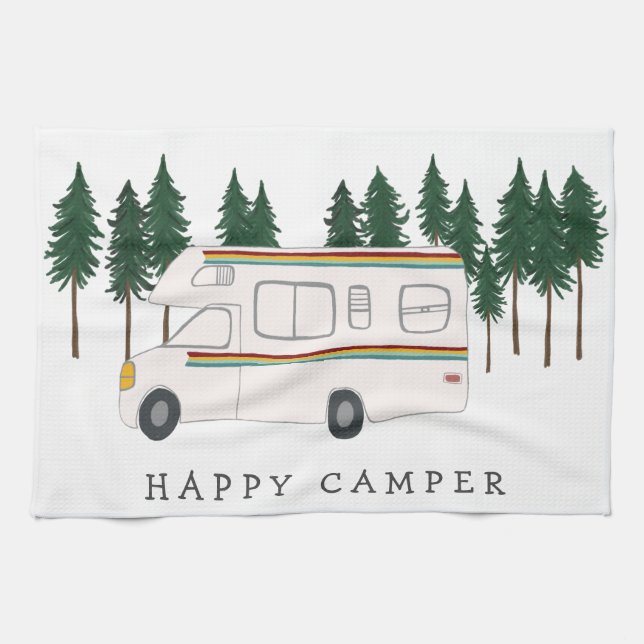HAPPY CAMPER whimsical motorhome RVing Forest Kitchen Towel (Horizontal)