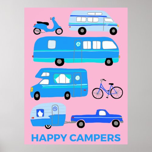 HAPPY CAMPERS! Campervan Vanlife RV Trailer Pink Poster