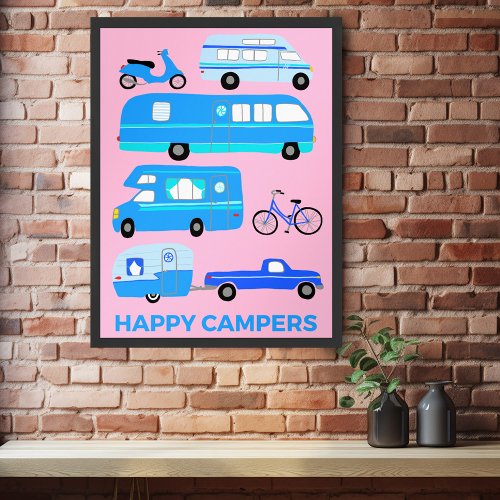 HAPPY CAMPERS Campervan Vanlife RV Trailer Pink Poster