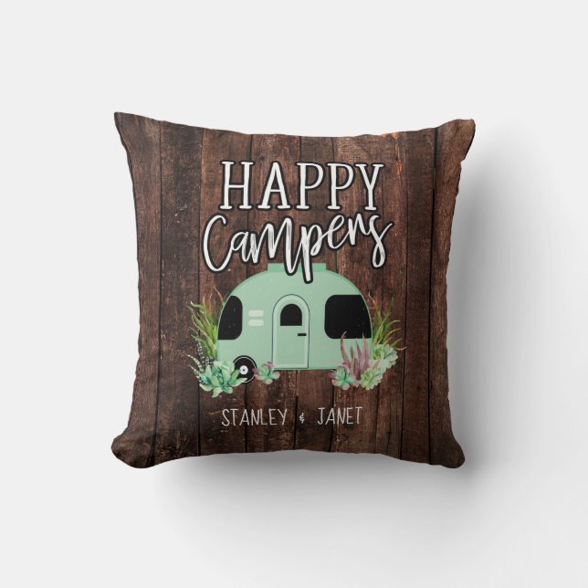 Happy Campers, Camping, RV, Motorhome, Trailer Throw Pillow (Front)