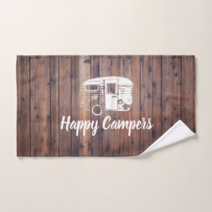 Happy Campers Camping Trailer Rustic Wood Hand Towel