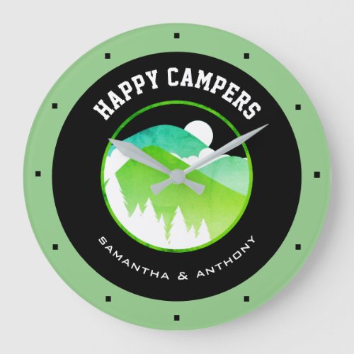 Happy Campers Couples Names Green Black Camping Large Clock