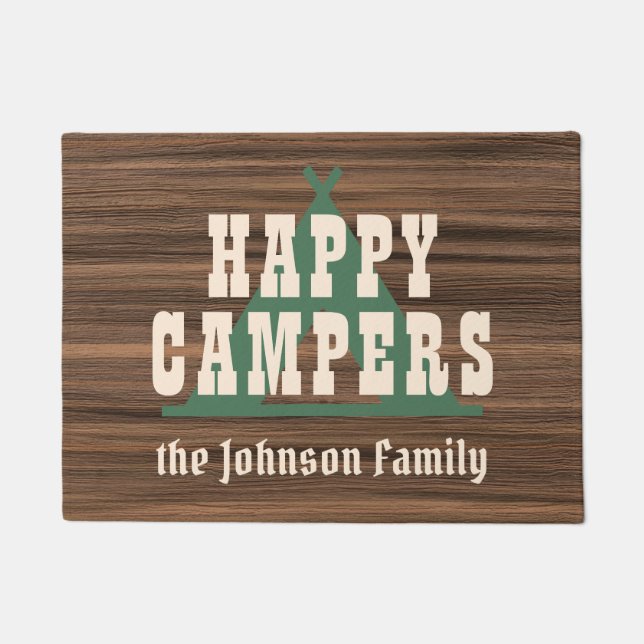 Happy Campers custom rustic wood tent family Doormat (Front)