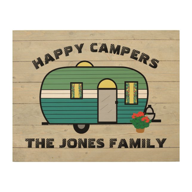 Happy Campers Custom Text Whimsical Retro Wood Wall Art (Front)