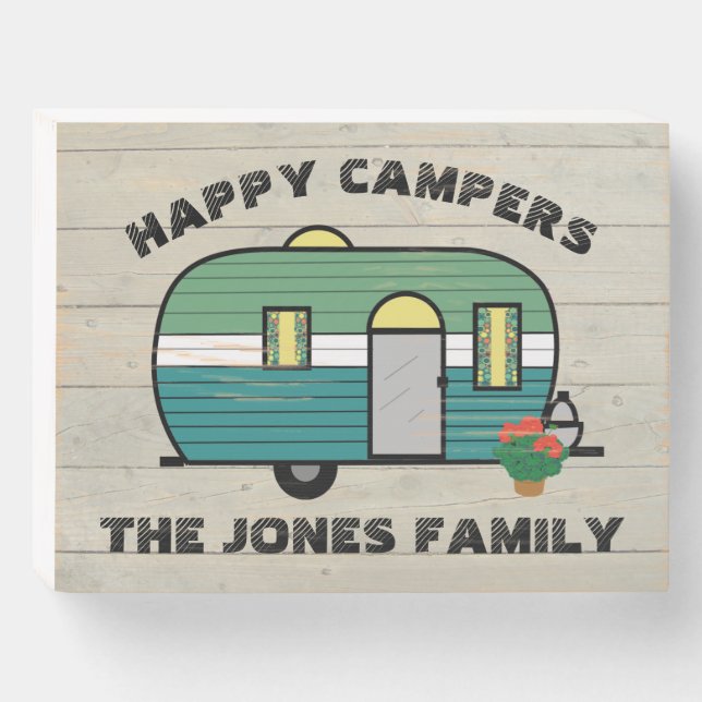 Happy Campers Custom Text Whimsical Retro Wooden Box Sign (Front Horizontal)
