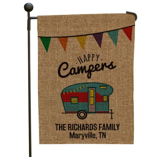 Happy Campers Cute and Adorable Burlap Garden Flag (Front)