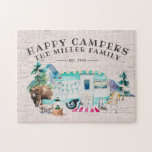 Happy Campers | Family Name Camping Jigsaw Puzzle<br><div class="desc">Featuring a stunning watercolor camping scene with your family name. Scene can be changed to suit your own unique family. Add your custom wording to this design by using the "Edit this design template" boxes on the right hand side of the item, or click the blue "Customize it" button to...</div>