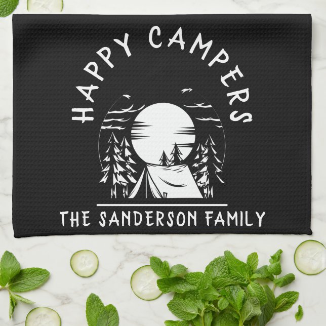 Happy Campers Family Name Camping Trip Black White Kitchen Towel (Folded)