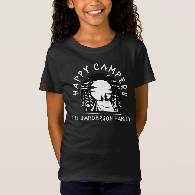 Happy Campers Family Name Camping Trip Black White T-Shirt (Front)