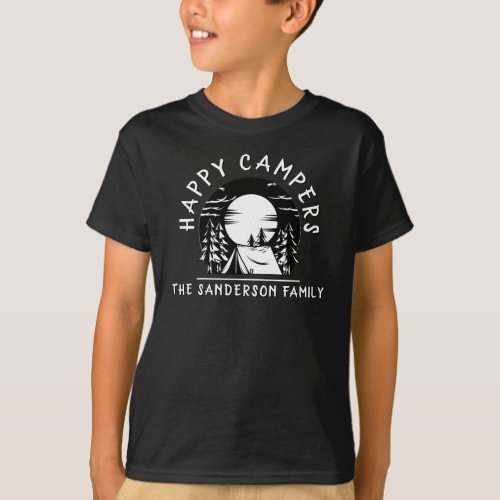Happy Campers Family Name Camping Trip Black White T_Shirt