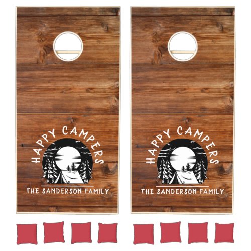 Happy Campers Family Name Camping Trip Rustic Wood Cornhole Set