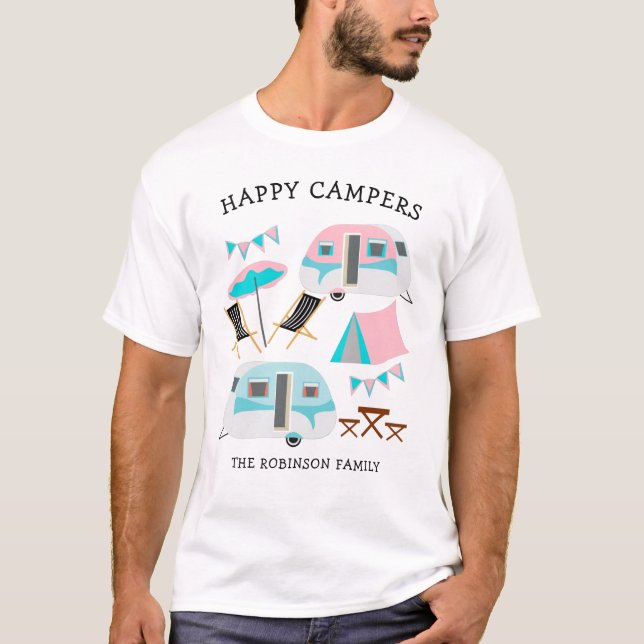 Happy Campers Family Name Retro Caravan Camping T-Shirt (Front)