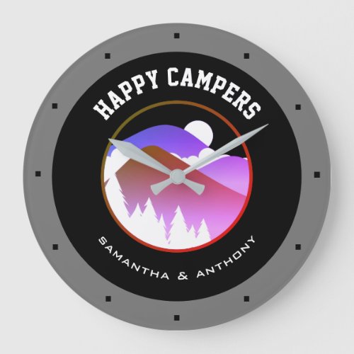 Happy Campers Family Names Gray Black Camping  Large Clock