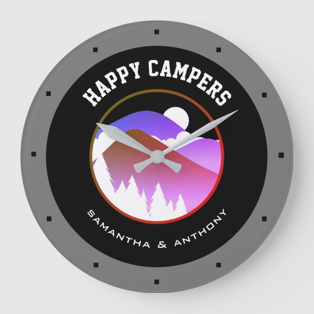 Happy Campers Family Names Gray Black Camping  Large Clock (Front)