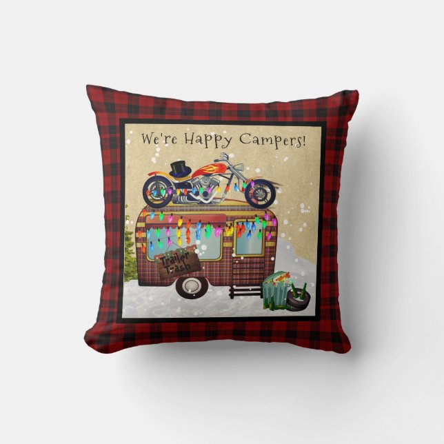 HAPPY CAMPERS - Funny Trailer Trash Buffalo Plaid Throw Pillow (Front)