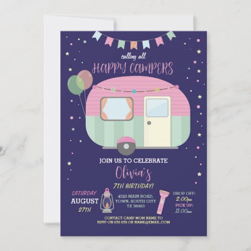 Happy Campers Glamping Camp Navy Pink Invitation