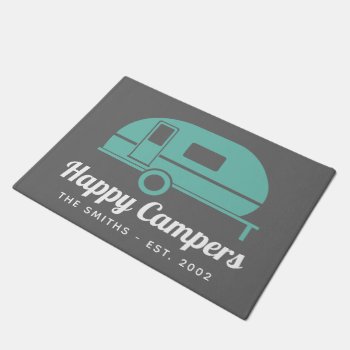Happy Campers Gray Teal Camping Doormat by NotableNovelties at Zazzle