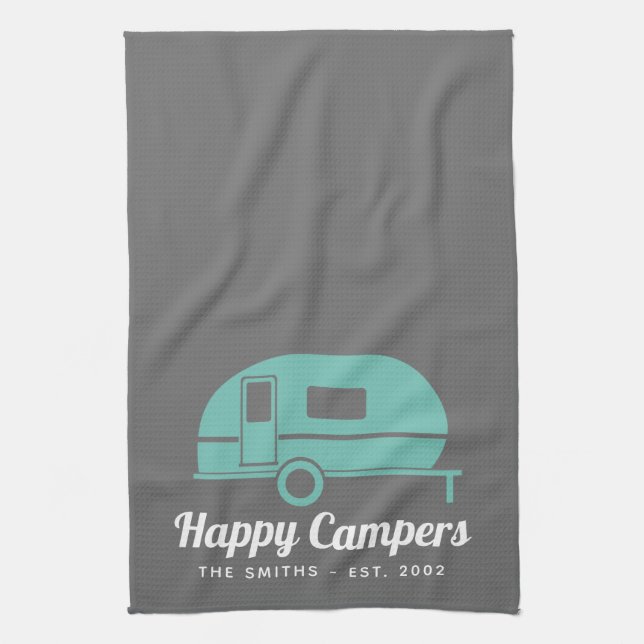 Happy Campers Gray Teal Camping Kitchen Towel (Vertical)