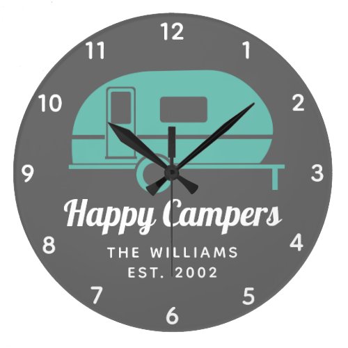 Happy Campers Gray Teal Camping Large Clock