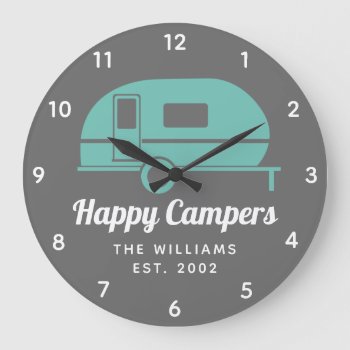 Happy Campers Gray Teal Camping Large Clock by NotableNovelties at Zazzle